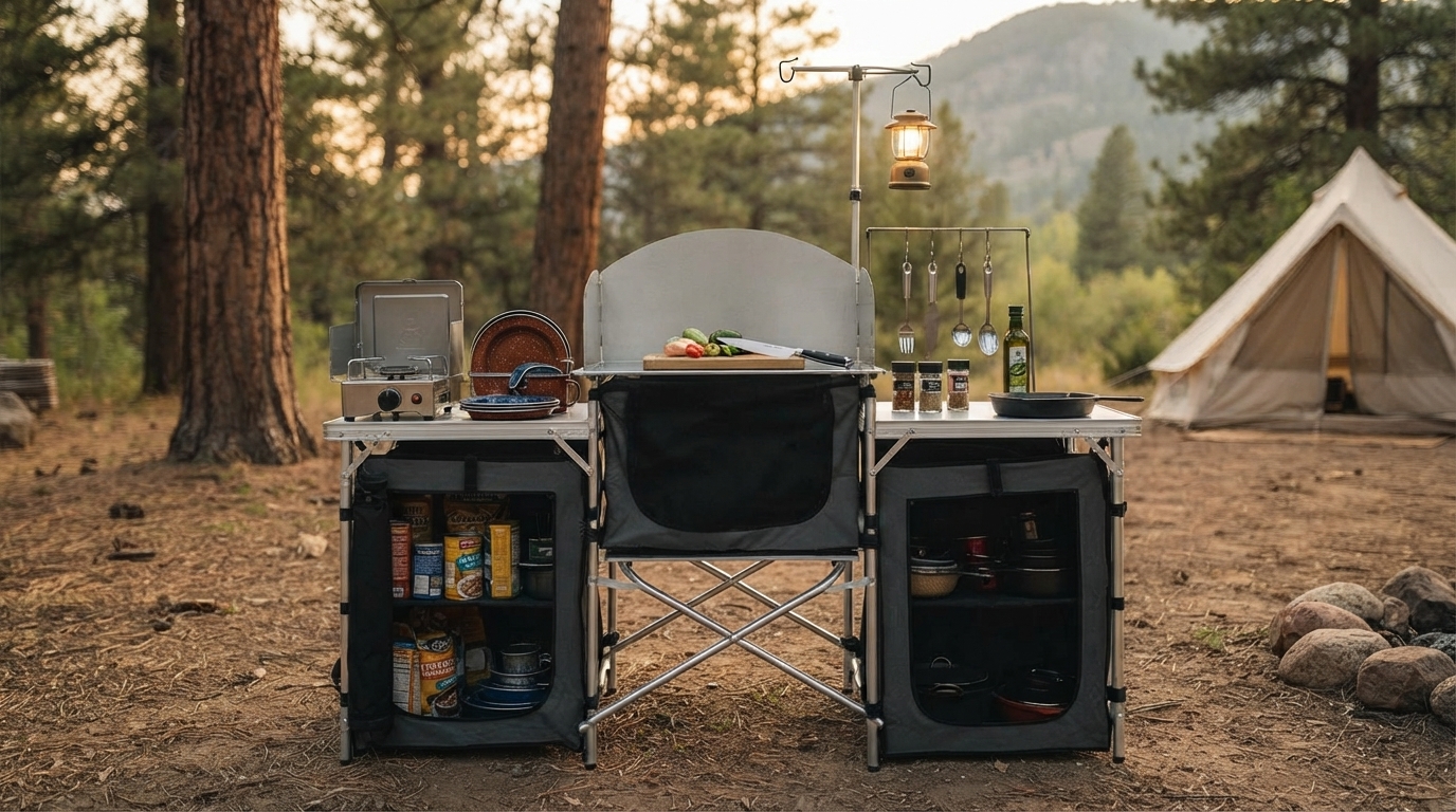 Folding Camp Kitchen Table: Storage, Windscreen & Light