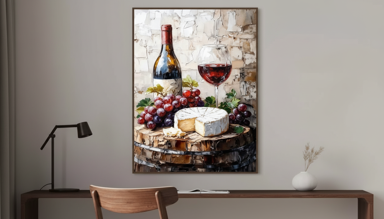 Rustic Watercolor Wine & Cheese Canvas for Kitchens