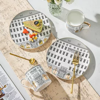 Ceramic Coffee Cup & Snack Plate Set for Café Style